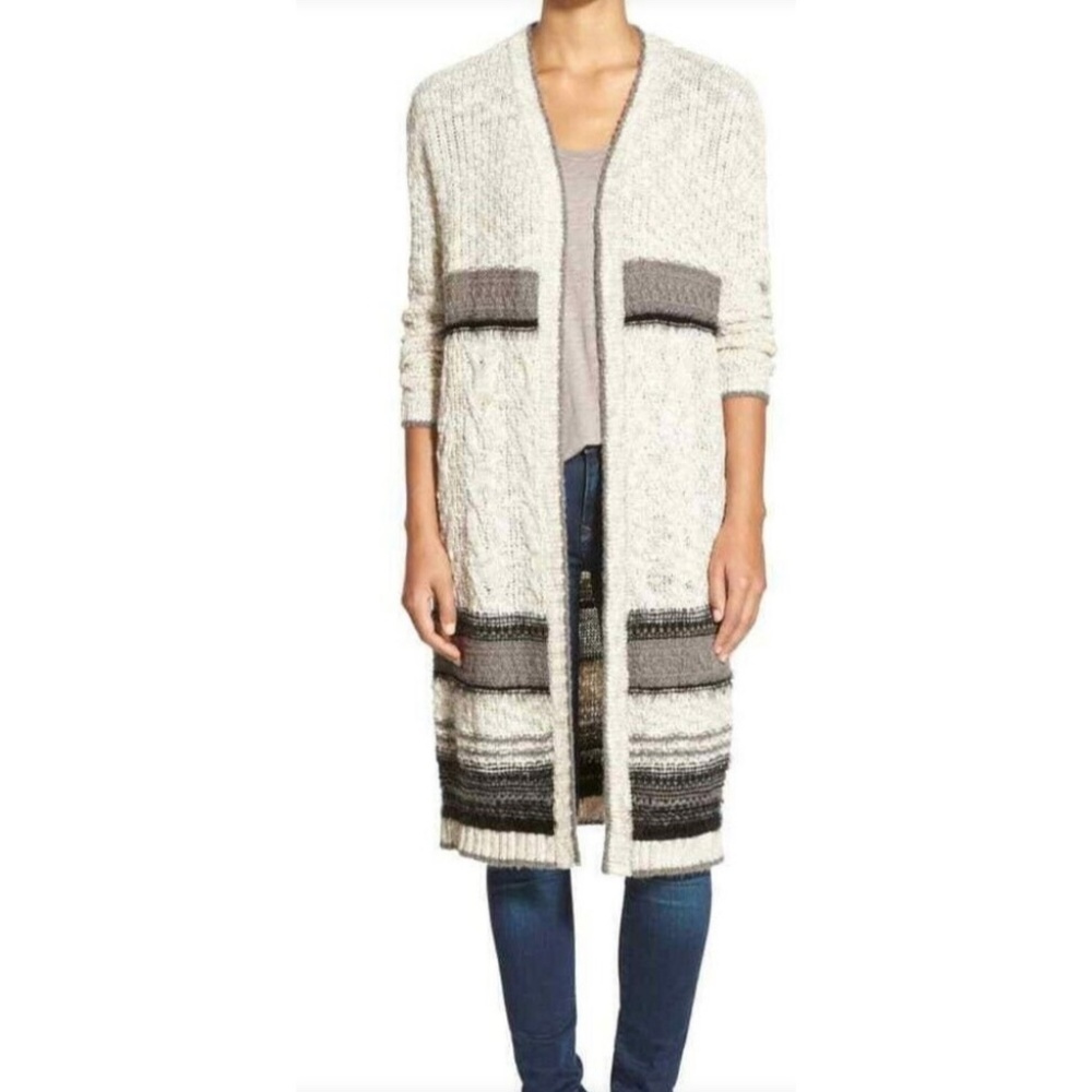 DEX 1963 Womens Size S Duster Cardigan Open Front Beige Gray Long Sweater